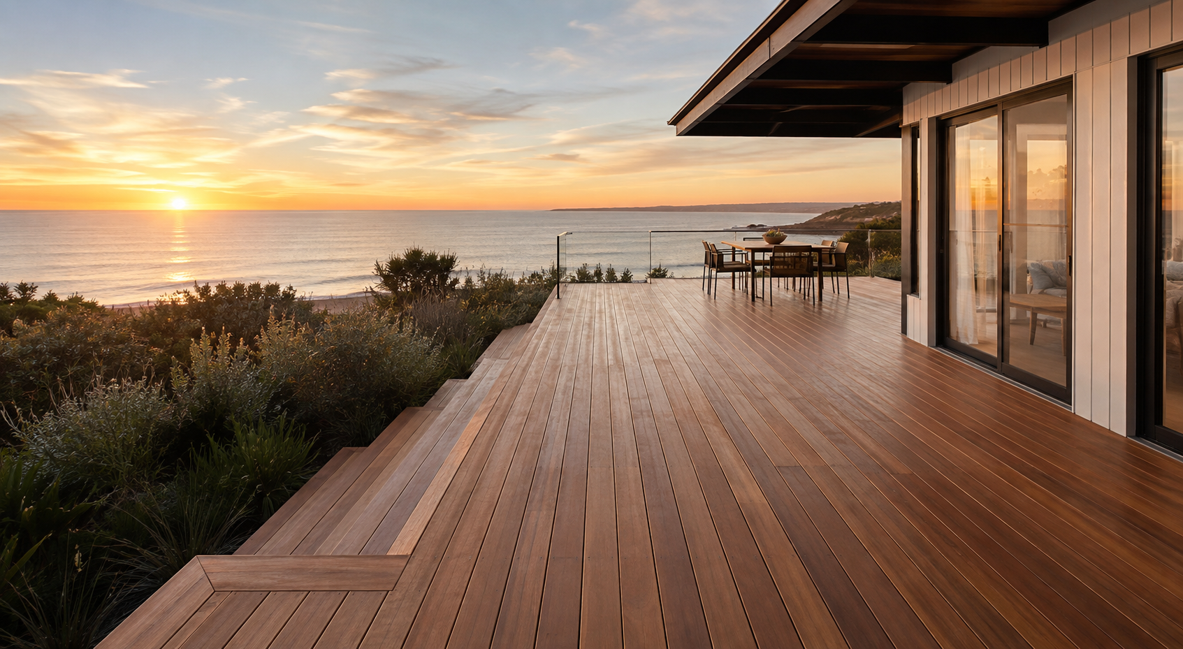 Finished coastal timber deck overlooking the ocean at sunset